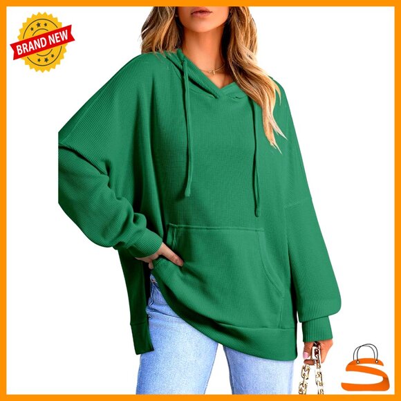 Tops - Oversized Waffle Knit Hoodie with Pocket, Loose Fit Pullover Sweatshirt